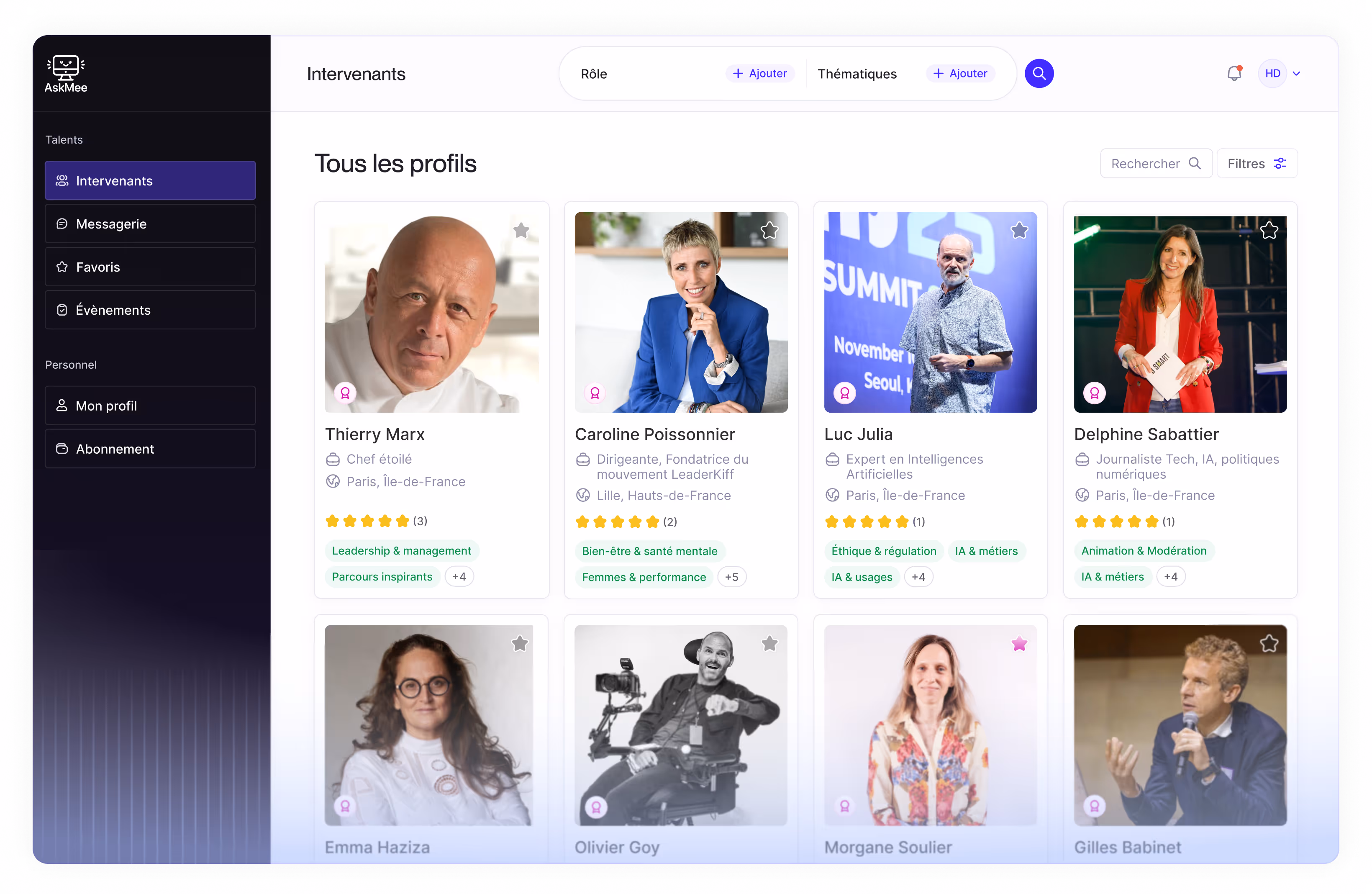 Interface d'une application avec un catalogue de profils professionnels incluant Thierry Marx, Caroline Poissonnier, Luc Julia, et Delphine Sabattier, montrant leurs rôles, localisations, évaluations par étoiles et domaines d'expertise.