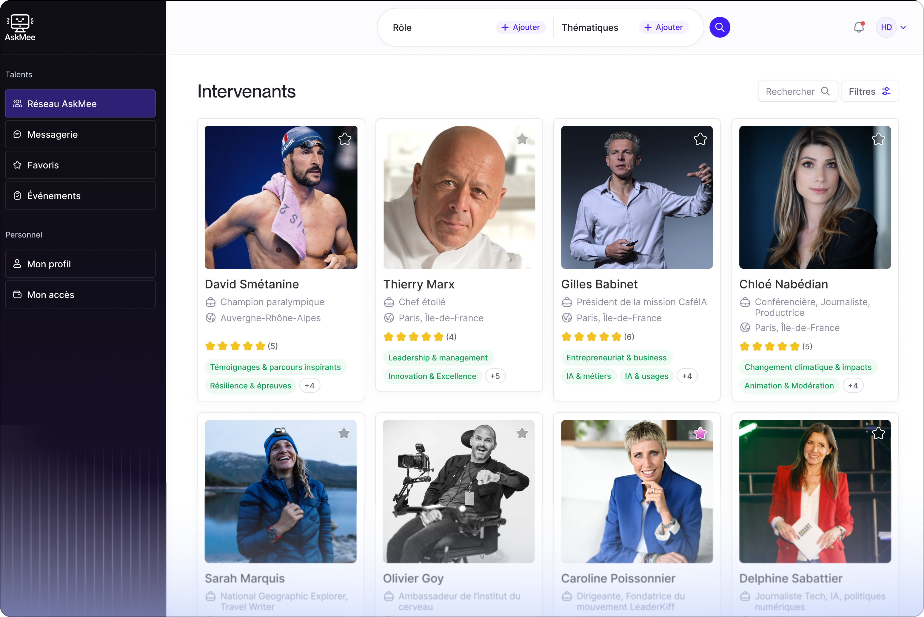Interface d'une application avec un catalogue de profils professionnels incluant Thierry Marx, Caroline Poissonnier, Luc Julia, et Delphine Sabattier, montrant leurs rôles, localisations, évaluations par étoiles et domaines d'expertise.