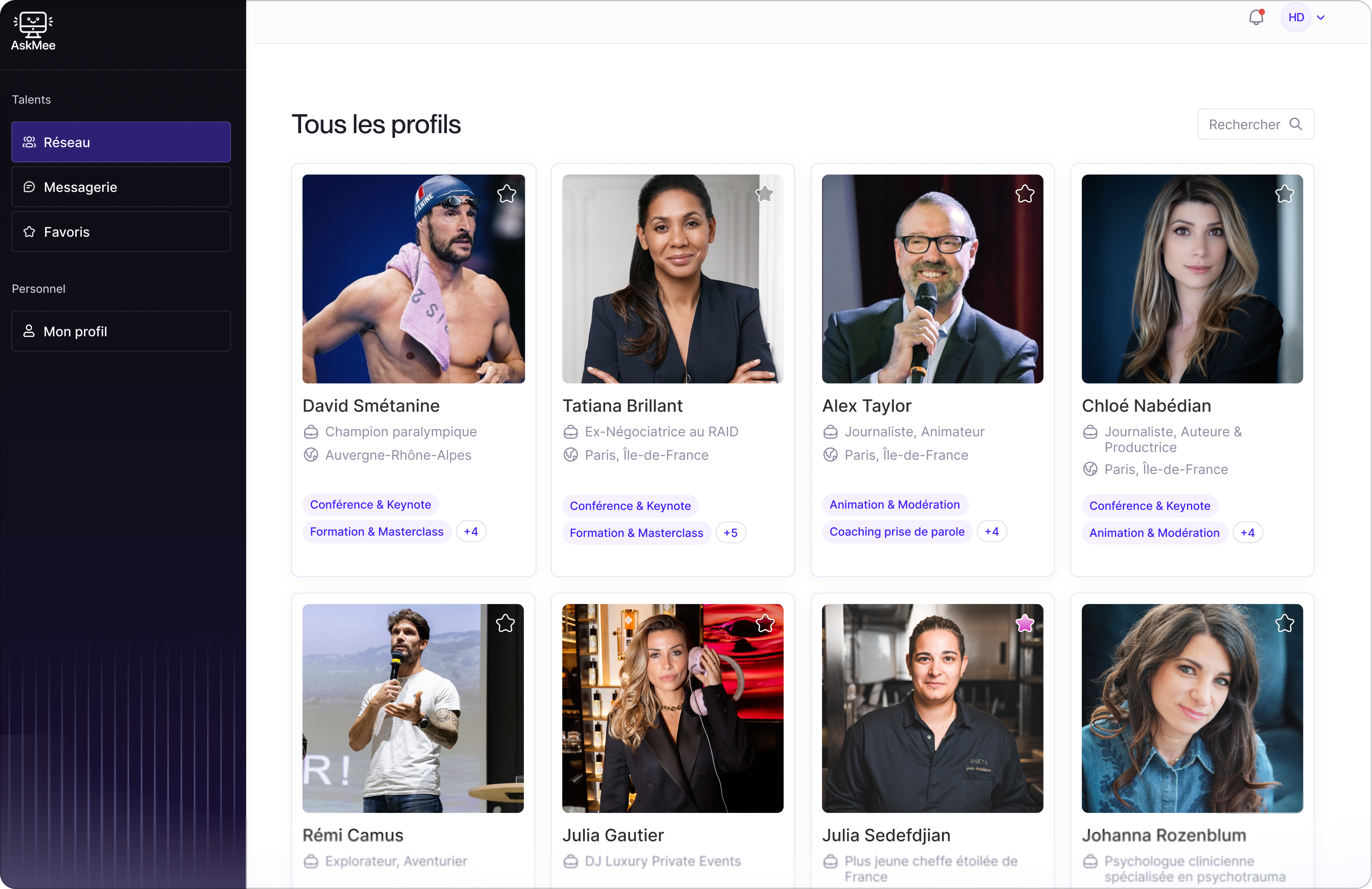 Interface d'une application avec un catalogue de profils professionnels incluant Thierry Marx, Caroline Poissonnier, Luc Julia, et Delphine Sabattier, montrant leurs rôles, localisations, évaluations par étoiles et domaines d'expertise.