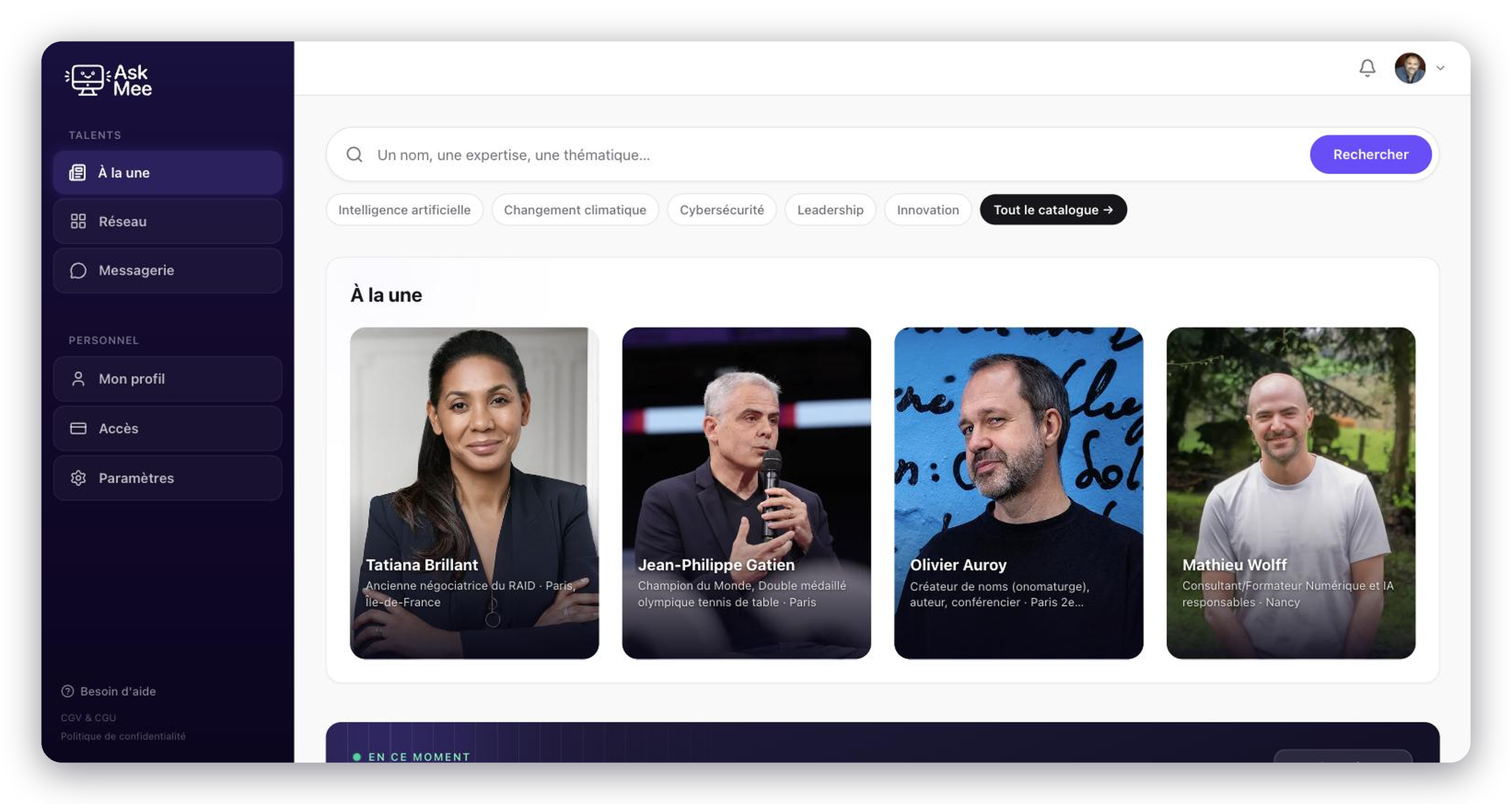 Interface d'une application avec un catalogue de profils professionnels incluant Thierry Marx, Caroline Poissonnier, Luc Julia, et Delphine Sabattier, montrant leurs rôles, localisations, évaluations par étoiles et domaines d'expertise.