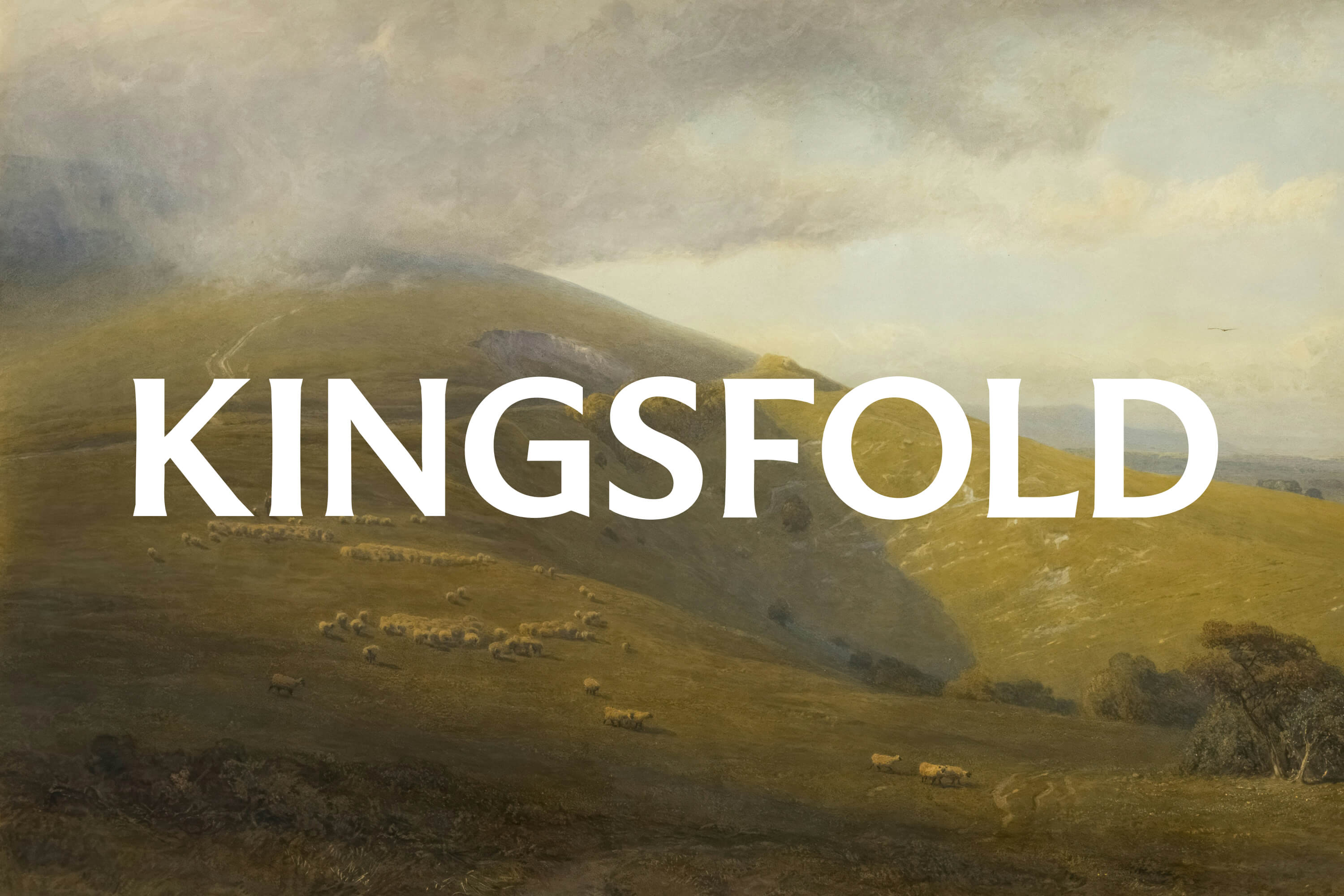 Kingsfold logo on top of an impressionistic-style painting of sheep on a grassy hilltop