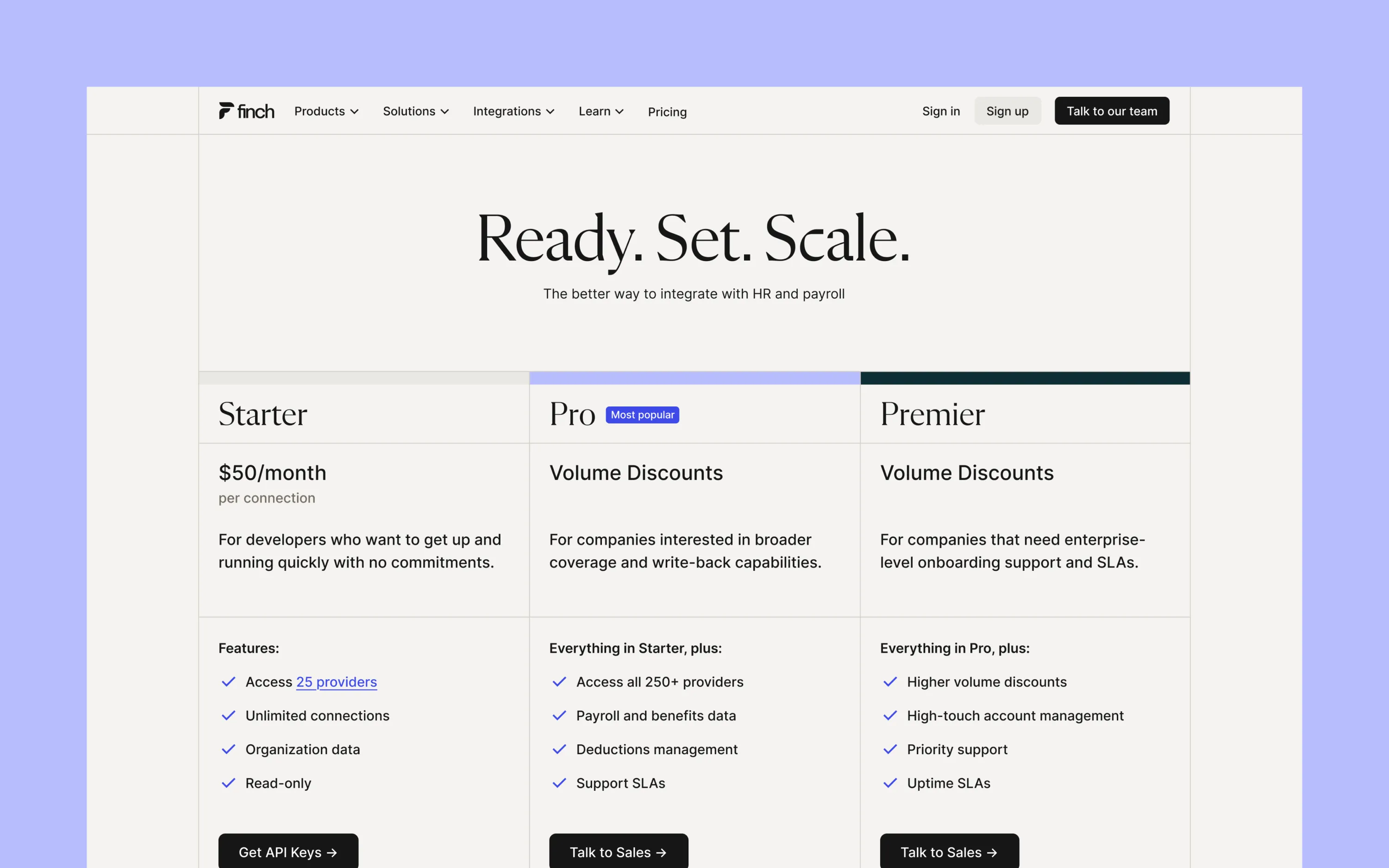 Finch pricing page