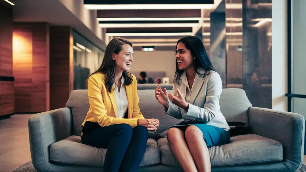 Two English learners having candid free conversation confidently 