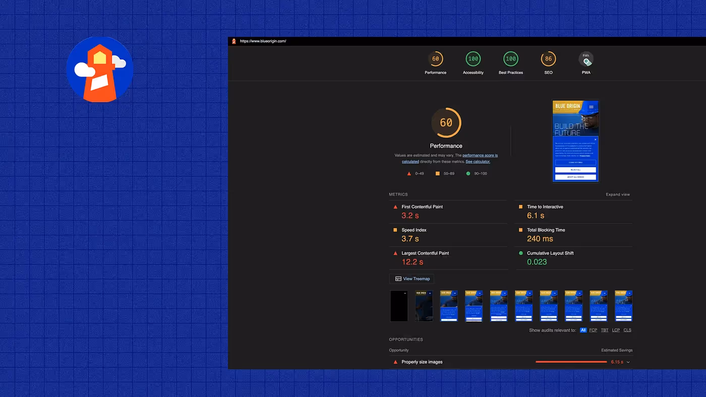 A screenshot of a Google Lighthouse report for the homepage of the Blue Origin website.