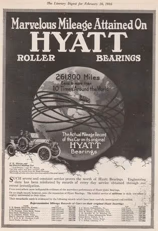 Print ad from Hyatt Roller Bearings featuring an old fashioned car traveling around the globe.