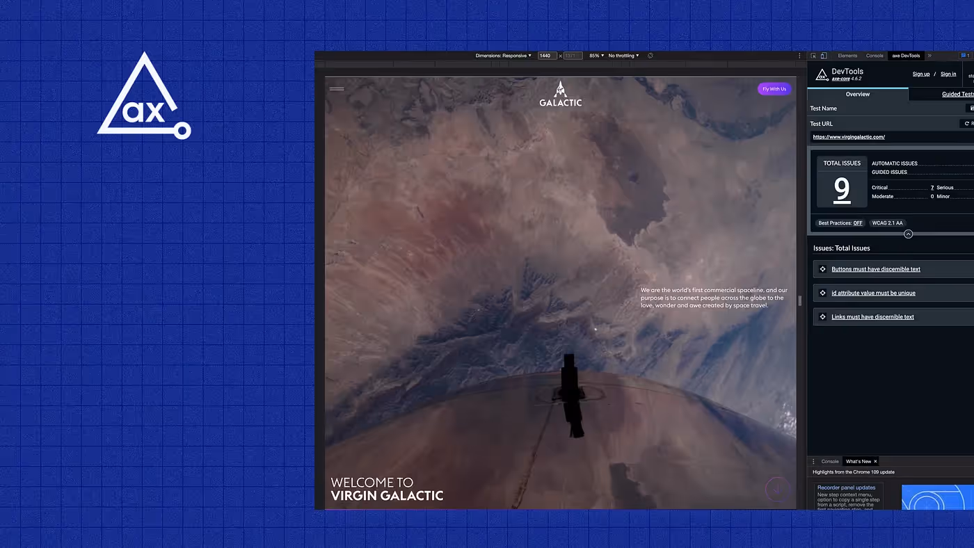 A screenshot of the axe DevTools Chrome extension in use evaluating the homepage of the Virgin Galactic website.