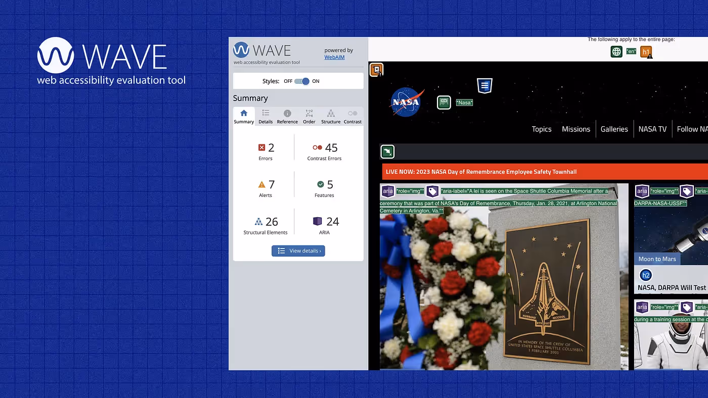 A screenshot of the WAVE accessibility evaluation tool Chrome Extension in use, evaluating the homepage of the NASA website.