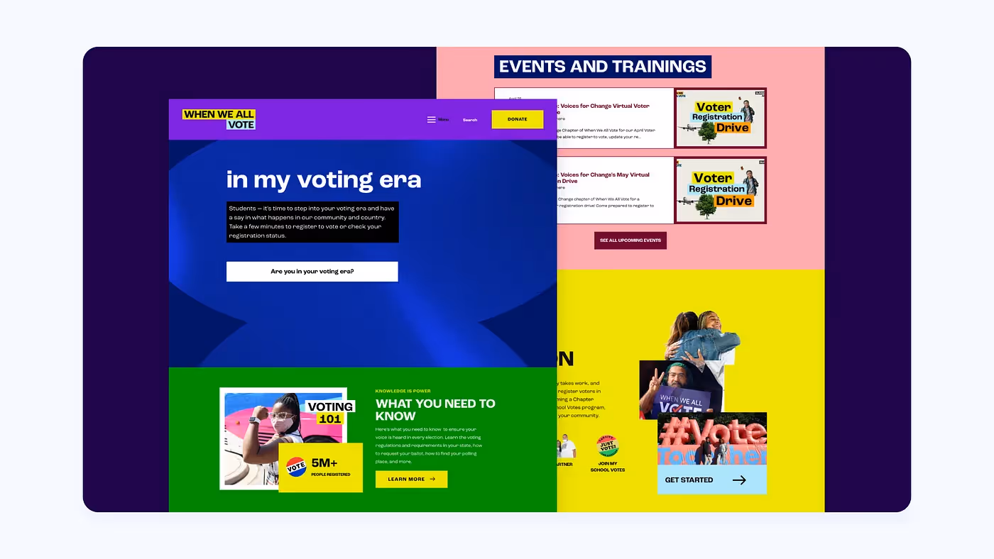 Screenshots of the When We All Vote homepage on a dark purple background.