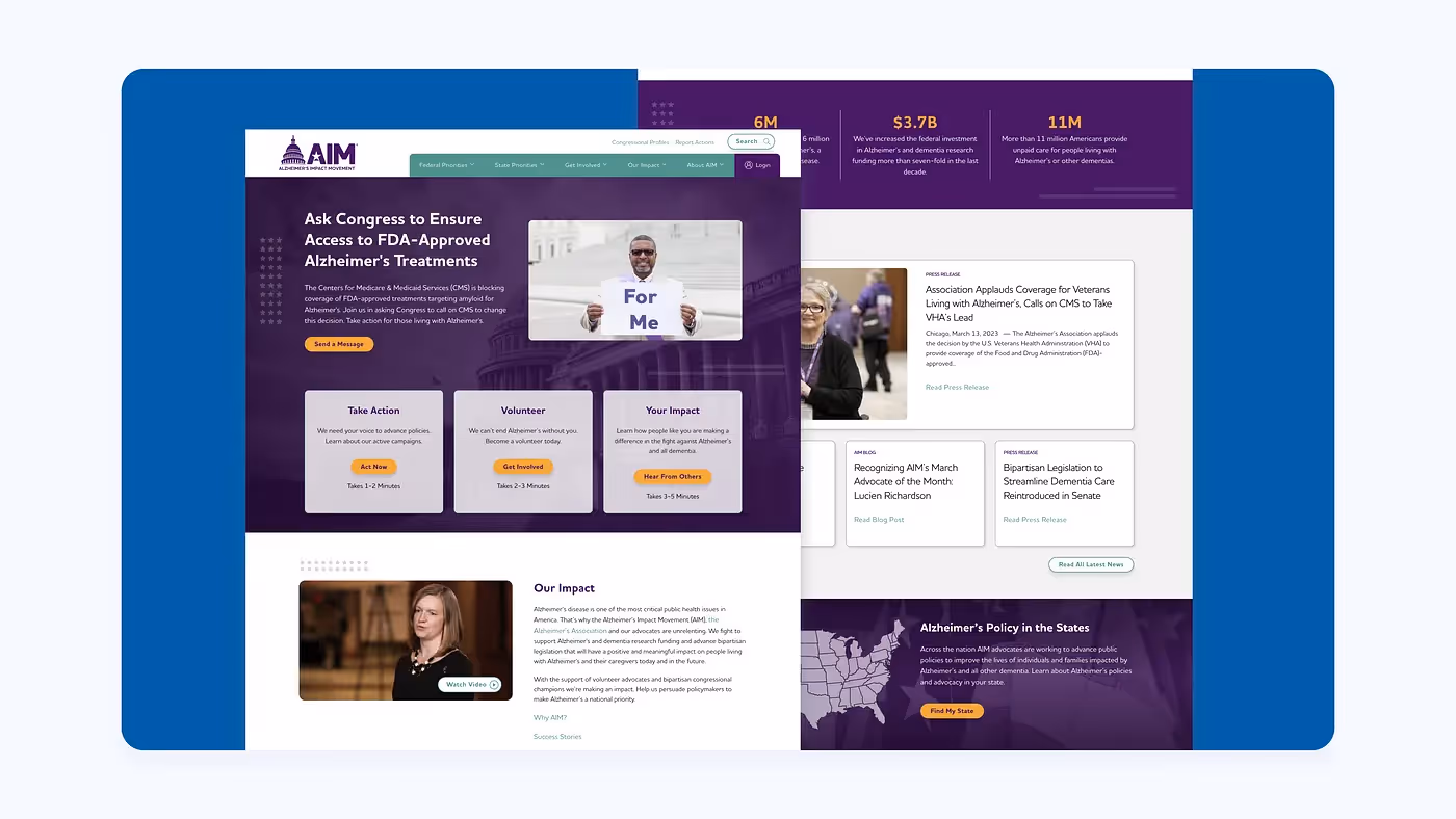 Screenshots of the homepage for the Alzheimer’s Impact Movement website on a blue background.