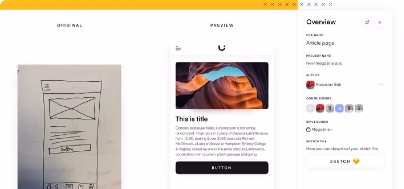An example of the user interface for UIzard where a hand sketch is turned into design components for a mobile application