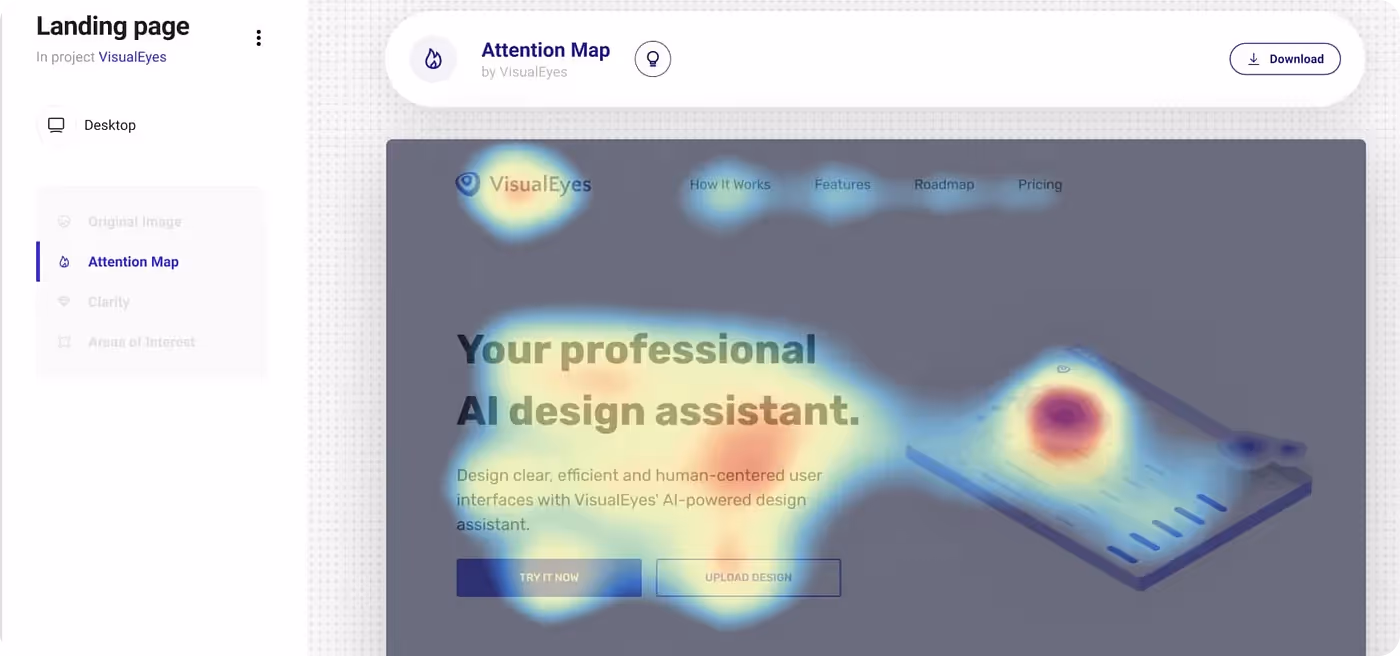 A sample of the user interface for Visualeyes that shows a heat map view of the Visualeyes marketing website