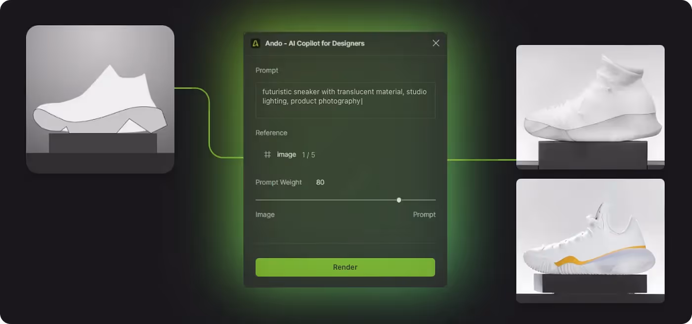 An example of the user interface for Ando that shows a basic sketch of an athletic shoe being converted into a 3D object render