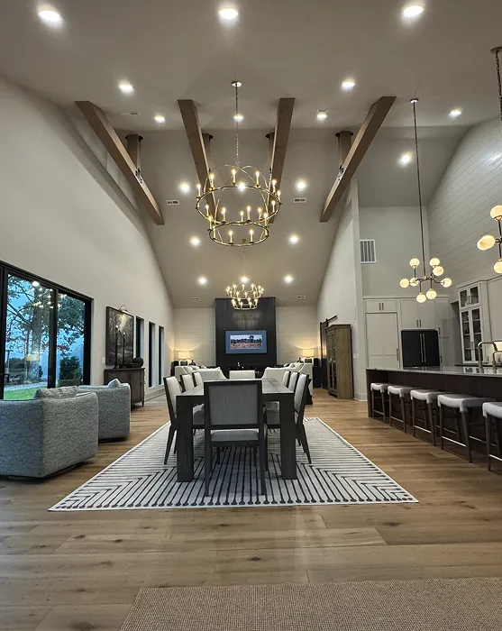 Spacious modern dining and living area with wooden ceiling beams, two large chandeliers, gray dining chairs around a long table on a patterned rug, and a kitchen with a breakfast bar with stools.