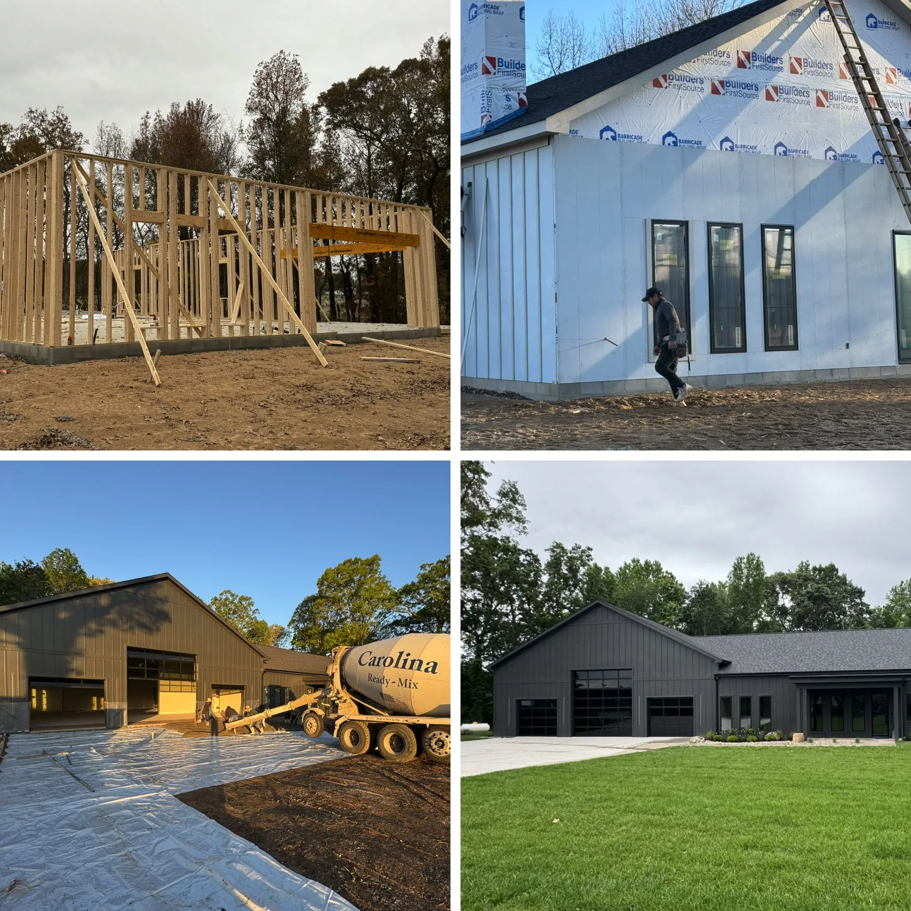 Collage of four images showing different stages of house construction: wooden frame structure, exterior wall installation with a worker, concrete pouring with a cement mixer truck, and completed dark-colored house with lawn.