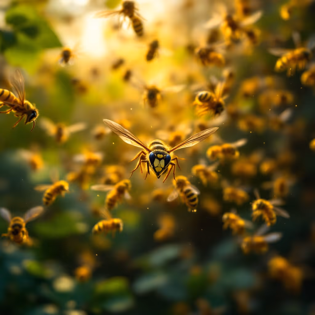 Eine große Menge Wespen fliegt dynamisch in der Luft vor unscharfem, bewaldetem Hintergrund im warmen Licht der goldenen Stunde. Die gelb-schwarz gestreiften Körper und durchscheinenden Flügel sind detailreich beleuchtet. Einige Wespen fliegen direkt auf den Betrachter zu, andere schweben oder kreisen. Staubpartikel und Bewegungsunschärfe verstärken die Wirkung des Schwarms. Der Hintergrund zeigt weiches Licht und grüne Blätter und sorgt für Tiefe — ideal als auffälliges Titelbild.