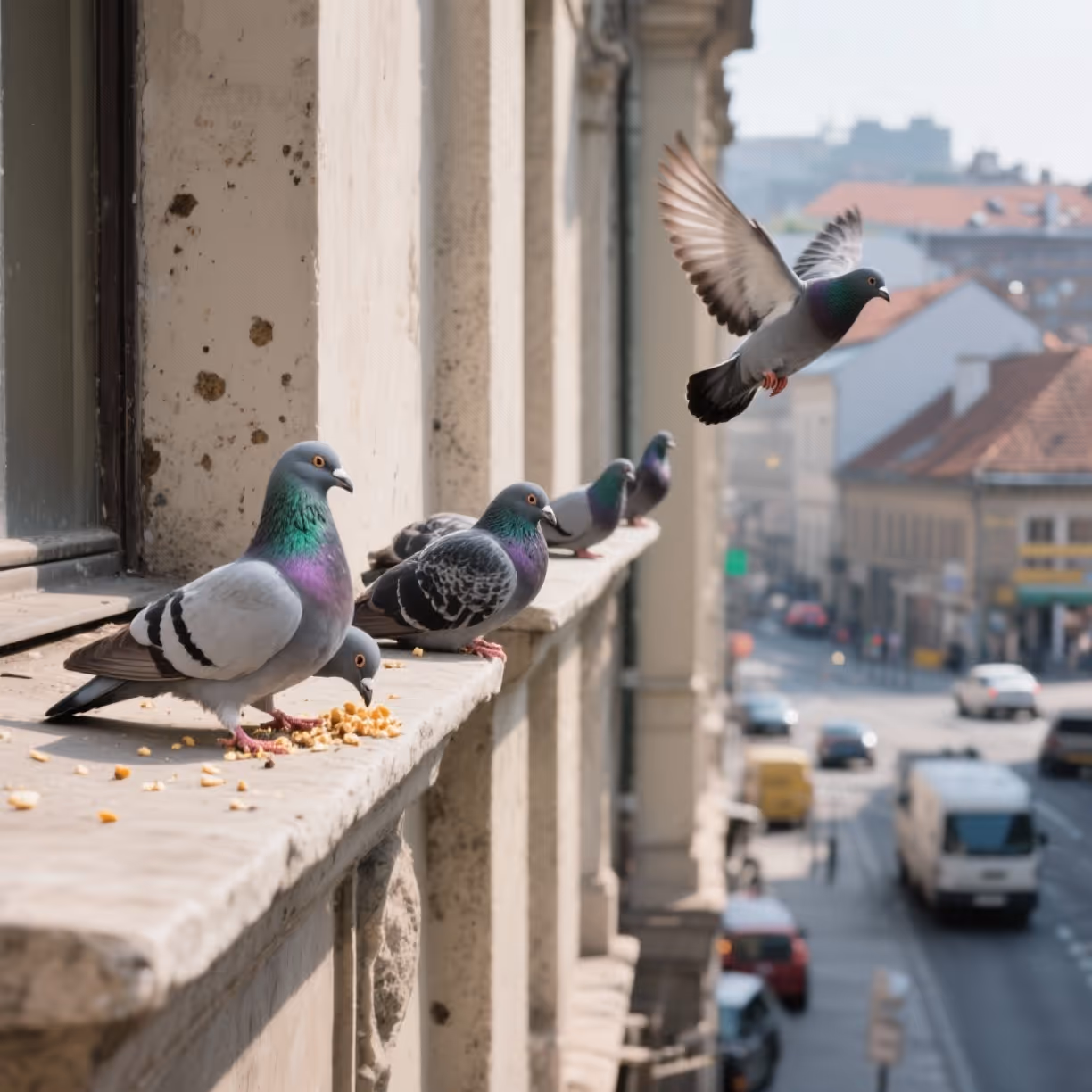 "Mehrere Stadttauben sitzen auf einem Gebäudesims. Eine frisst Krümel, eine ruht aufgeplustert, eine weitere fliegt gerade ab. Die Vögel haben graues Gefieder mit grünlich-violett schimmernden Hälsen. Die Fassade zeigt leichte Verschmutzungen, im Hintergrund sind unscharf Straßen und Dächer zu sehen."