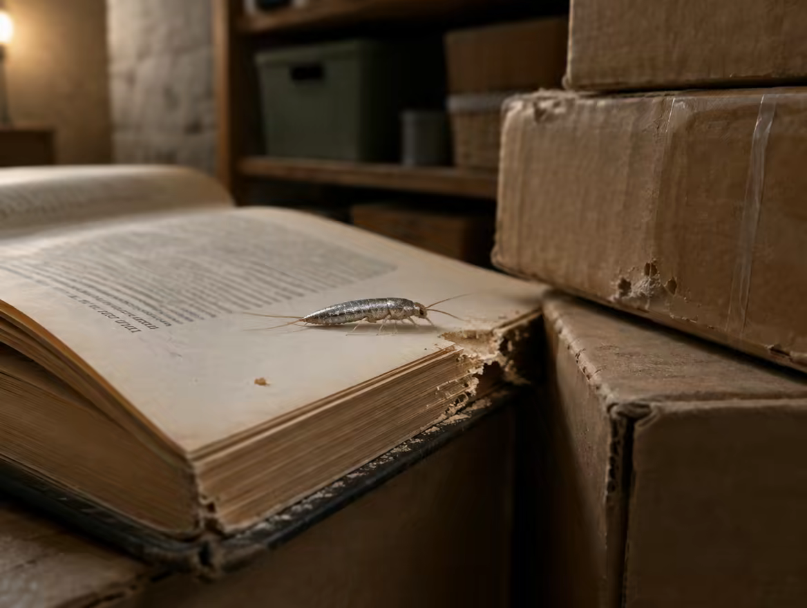 Silberfischchen auf einem aufgeschlagenen Buch mit Fraßspuren an den Seiten, daneben angefressene Kartons im Abstellraum