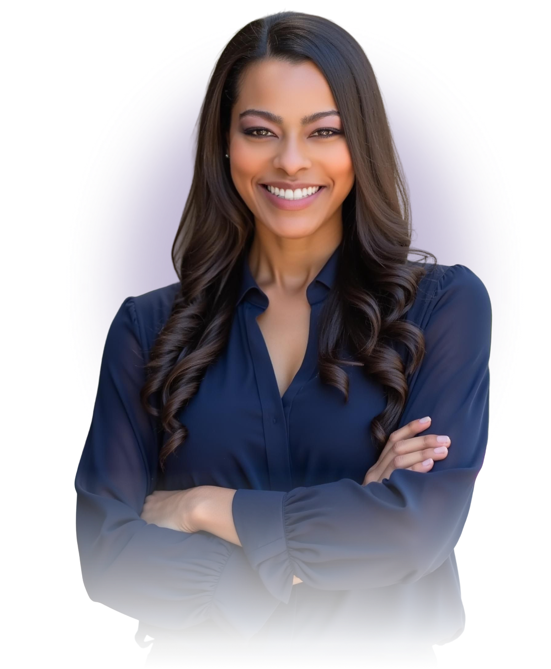 Confident woman with long wavy hair smiling with arms crossed, wearing a dark shirt, with a faint image of a classical building behind her.