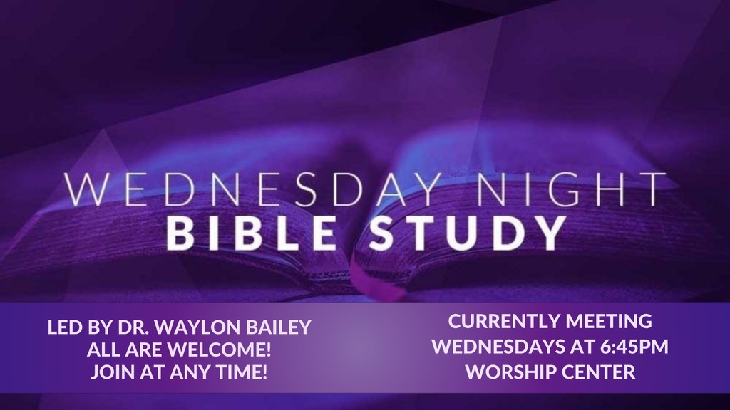 The Wednesday Night Bible Study graphic in purple with times and location information