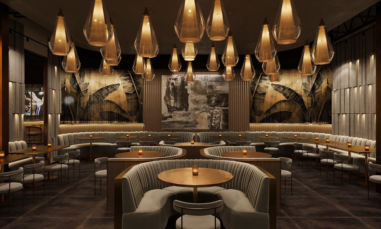 Upscale restaurant interior with curved booths, round tables, warm pendant lights, and tropical wall art.