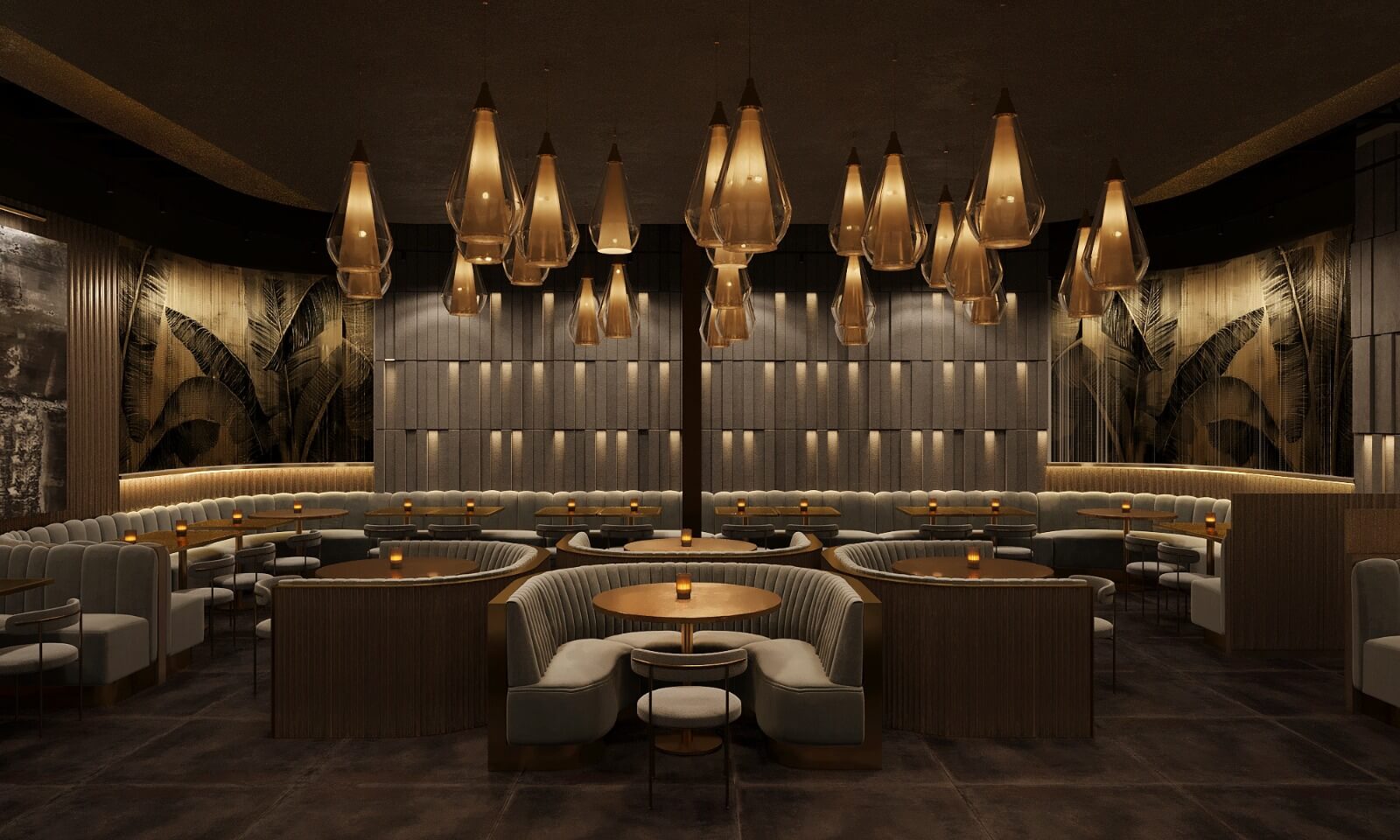 Modern dimly lit lounge with curved booths, round tables, large hanging lamps, and botanical wall art.