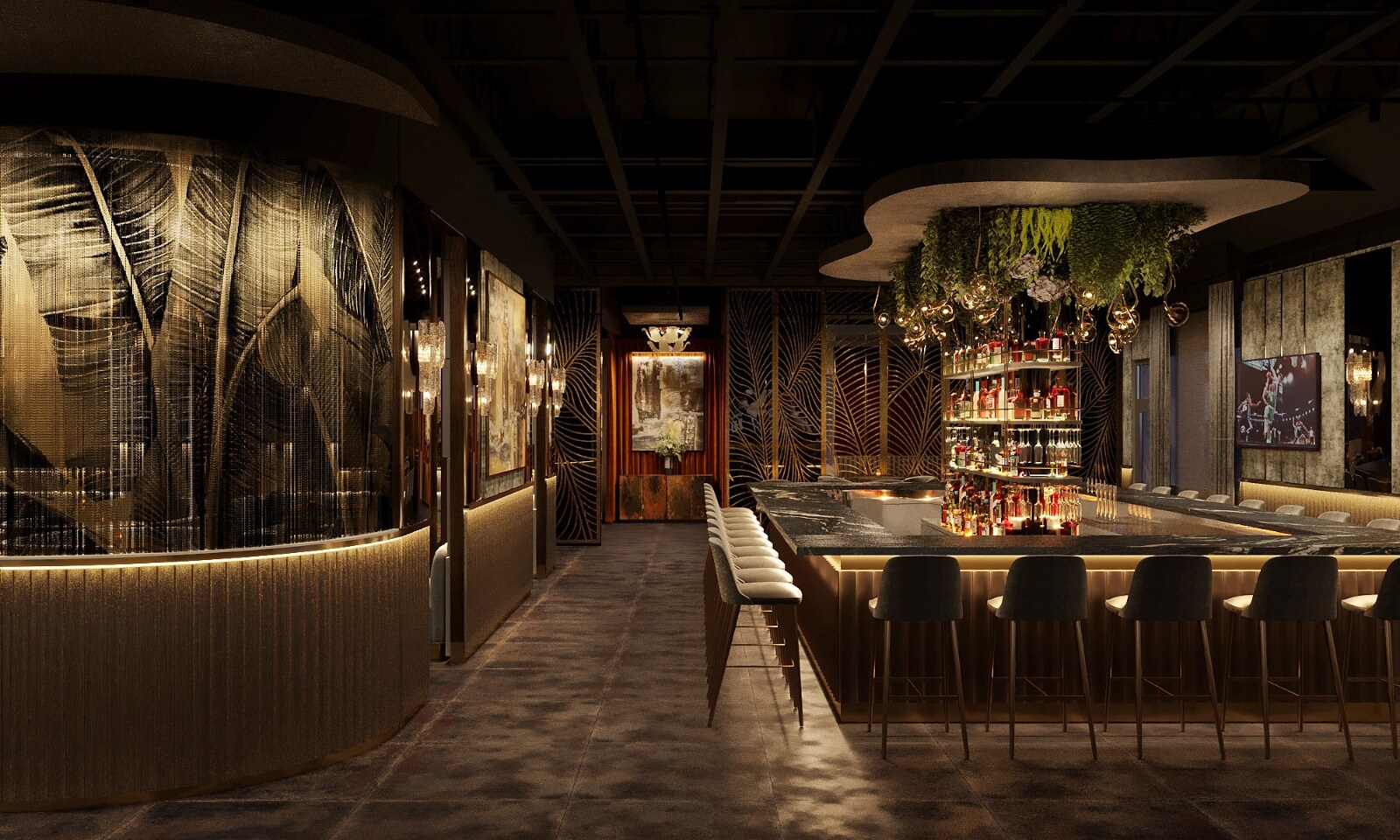 Modern dimly lit bar with a marble counter, stools, hanging plants, and artistic wall decor.