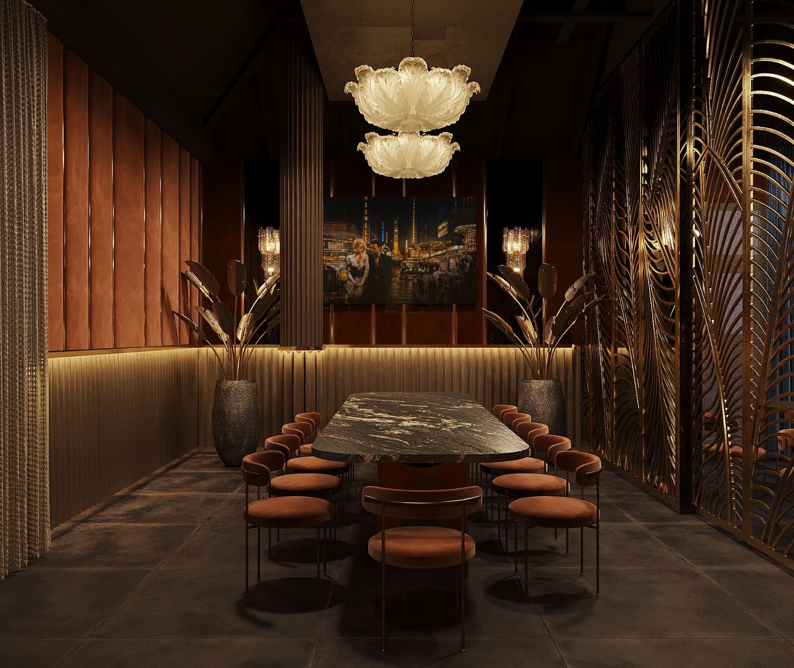 Elegant dining room with a long dark marble table, orange chairs, warm lighting, and decorative metal screens.