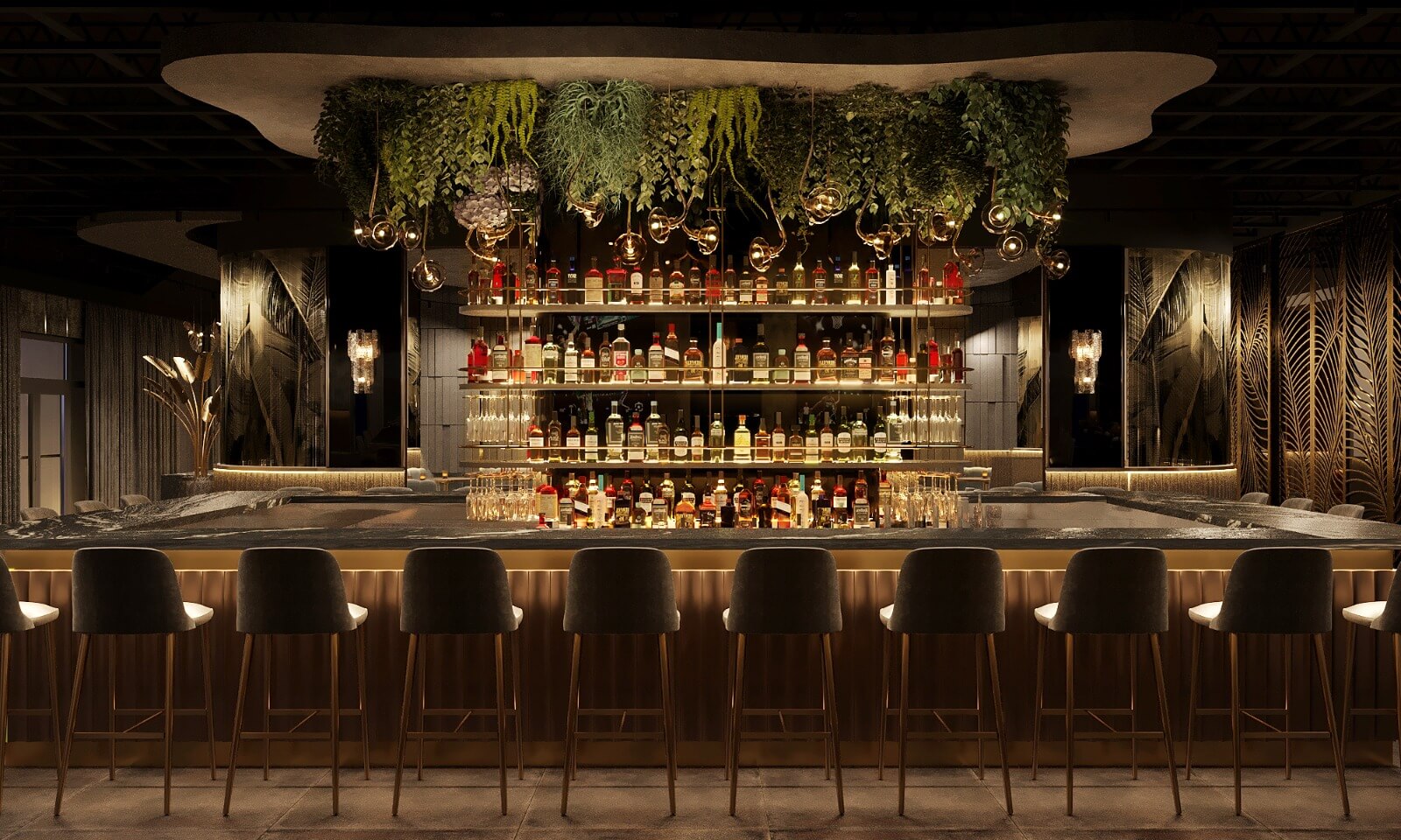 Luxurious bar with backlit shelves of liquor, tall stools, and hanging plants under warm lighting.