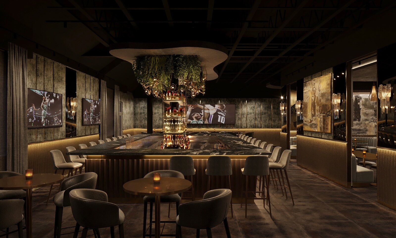 Modern lounge with marble square bar, stools, round tables, TVs showing basketball games, and warm lighting.