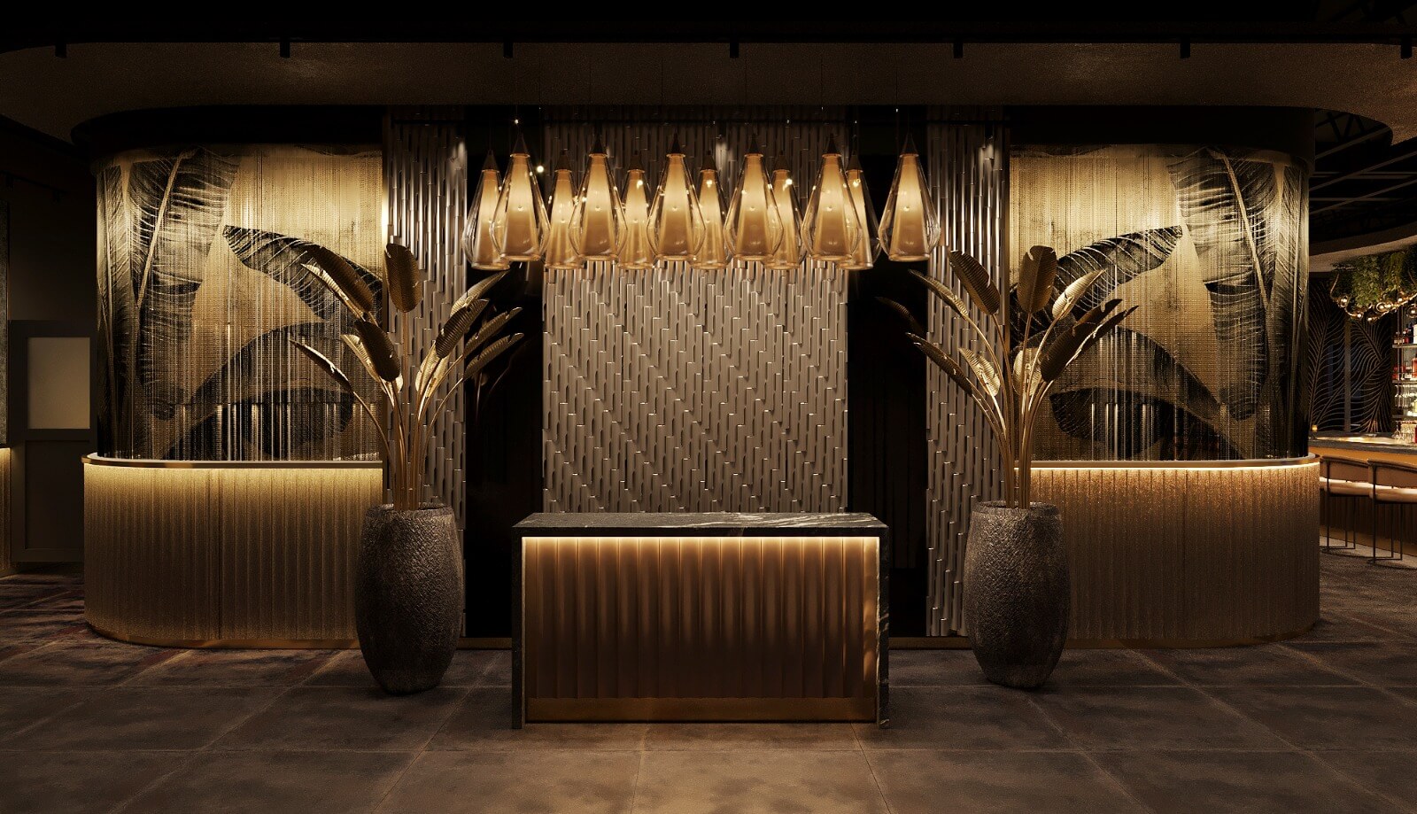 Modern reception area with textured dark walls, glowing pendant lights, tall vases with golden leaves.