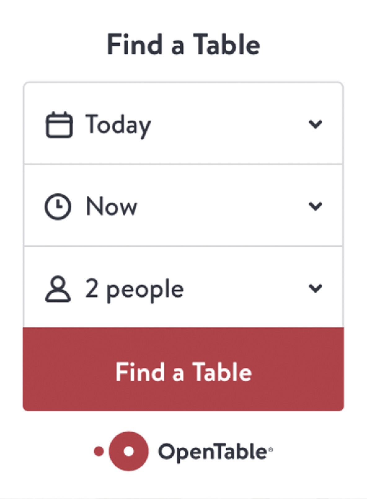 OpenTable reservation widget with options to select date, time, and party size to find a table.