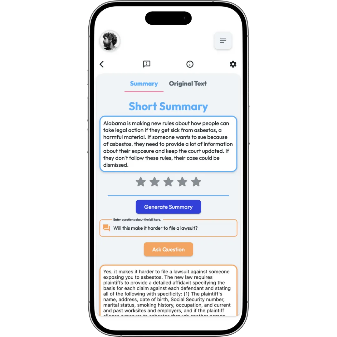 Mobile app screen showing a short summary about Alabama's new rules on asbestos lawsuits, with options to generate summary and ask questions about legal impacts.