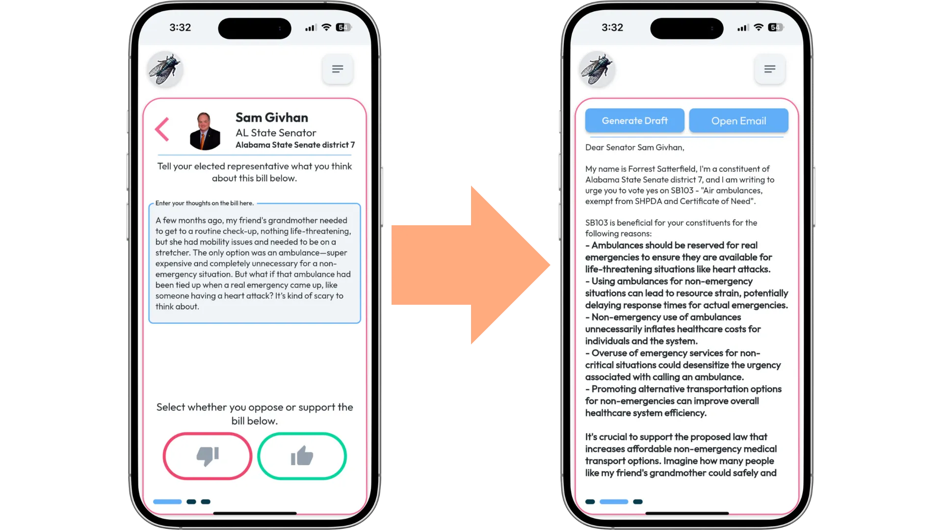 Two smartphone screens showing a bill support app: left screen has a personal story text box about ambulance misuse with thumbs down and thumbs up buttons below; right screen shows a generated email draft to Senator Sam Givhan advocating for a bill regulating ambulance use.