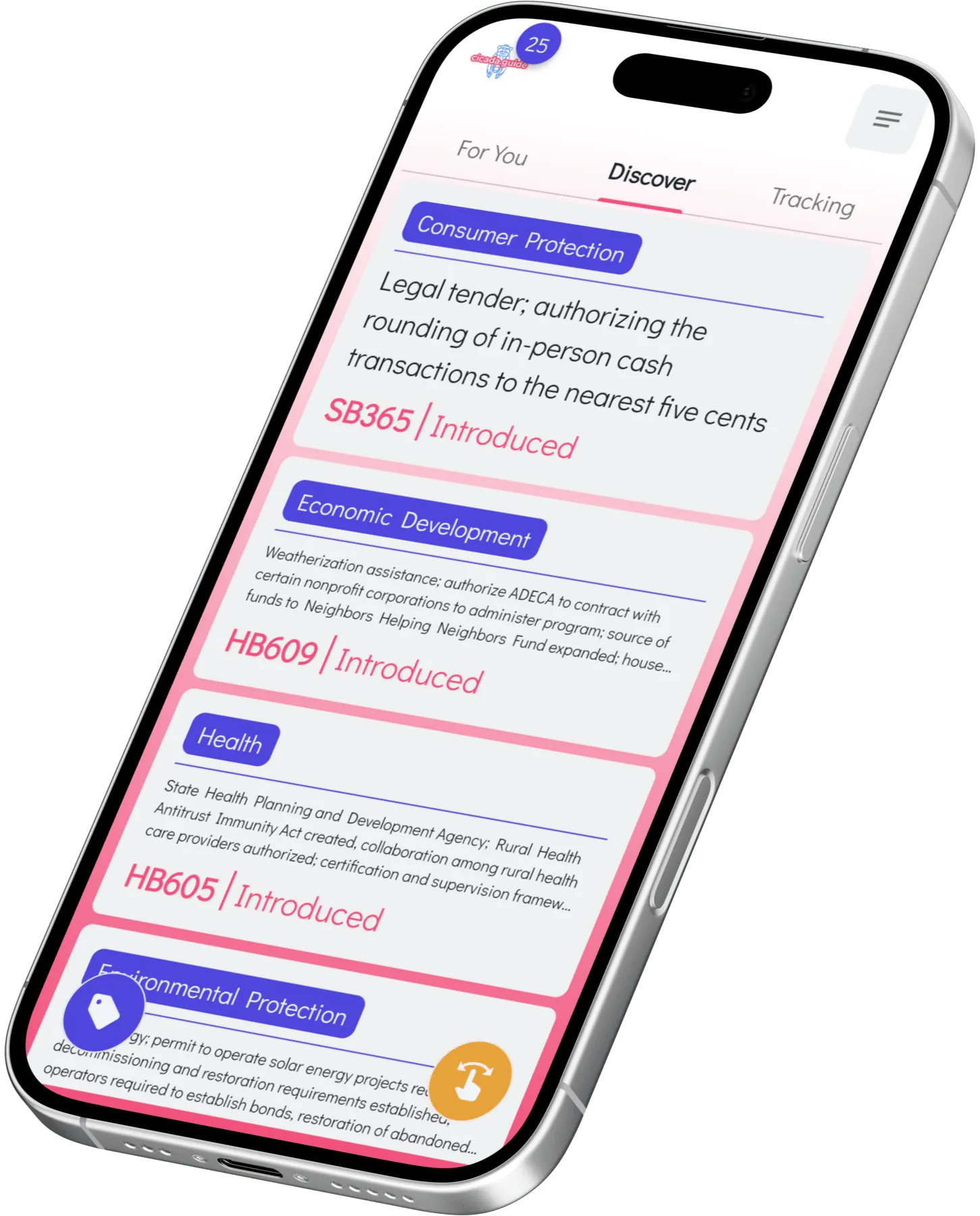 Cicada mobile app showing state legislation summaries and civic engagement tools.