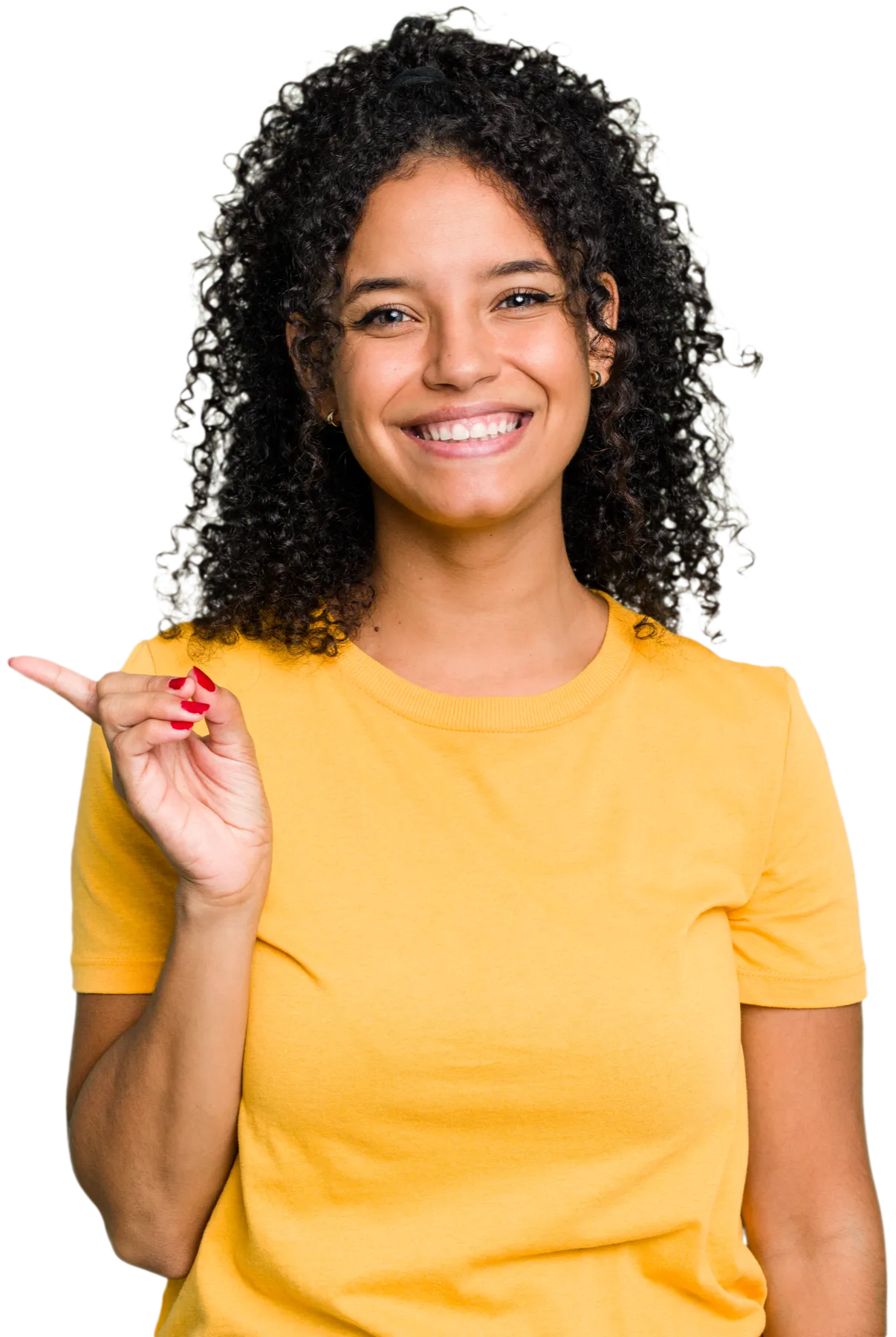 Smiling woman in yellow shirt pointing to the side with excitement