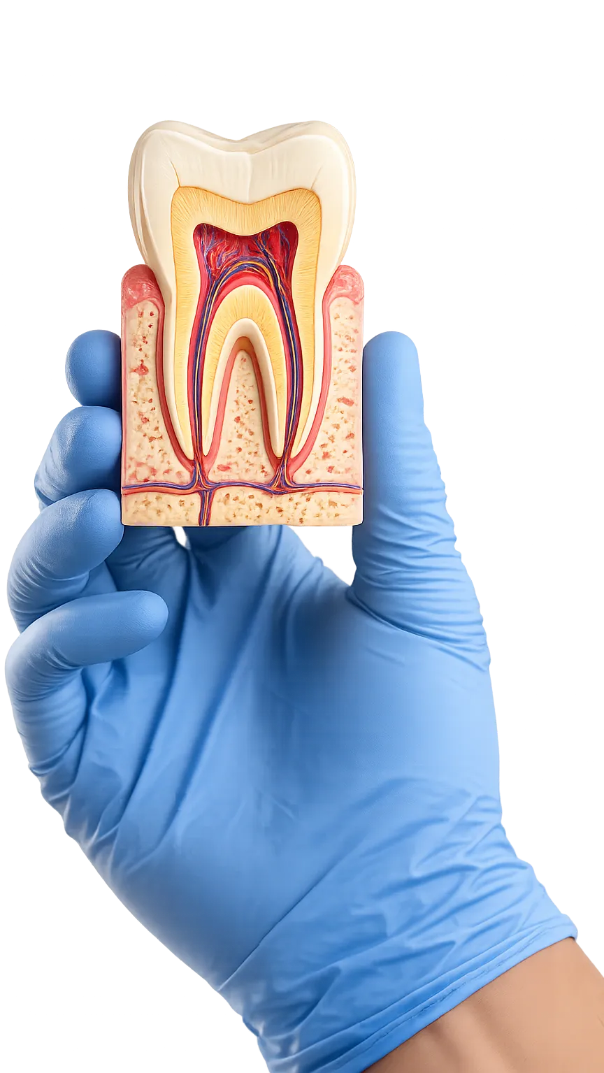Gloved hand holding a detailed cross-section model of a human tooth showing enamel, dentin, pulp, and root structure.