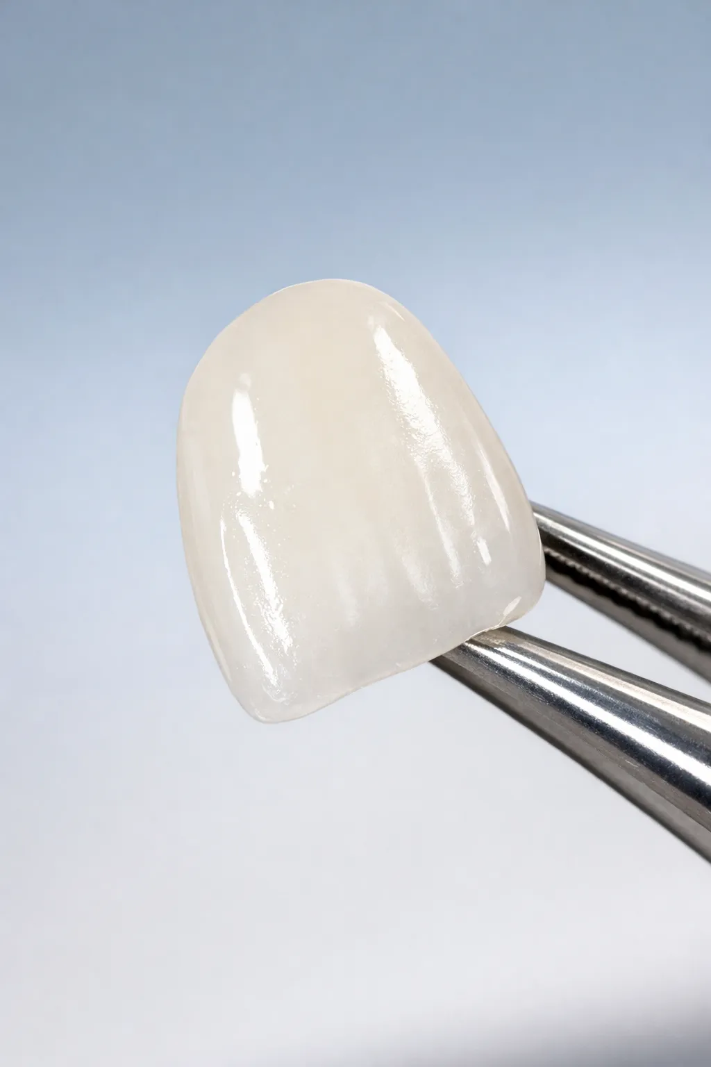 Close-up of a dental veneer held by metal grippers against a gradient gray background.