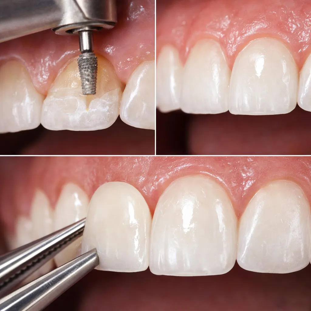 Collage showing close-up dental procedure steps: sanding tooth surface, polished teeth, and placing a dental veneer with tweezers.