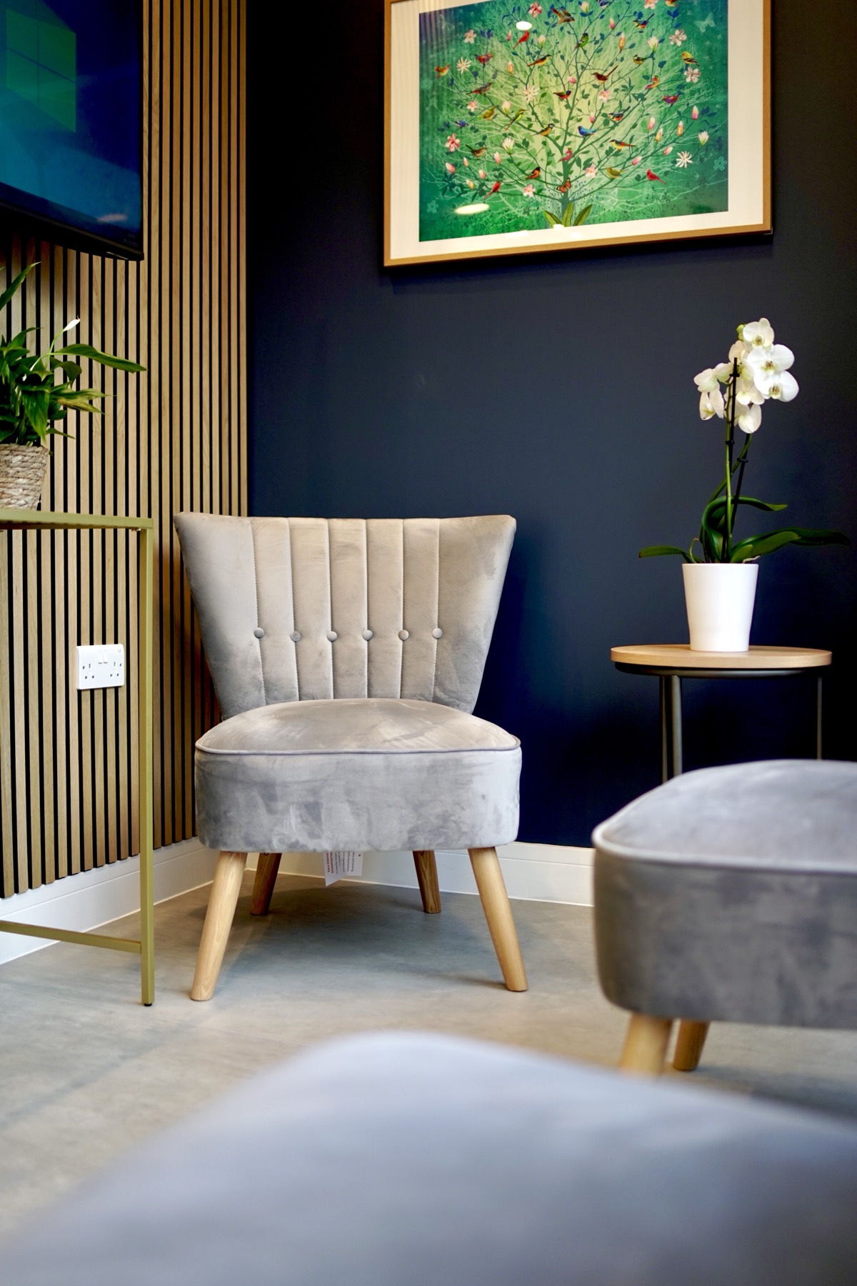 Modern waiting room corner with a grey velvet chair, wooden legs, a small table with a white orchid, and a colourful tree painting on a dark blue wall.