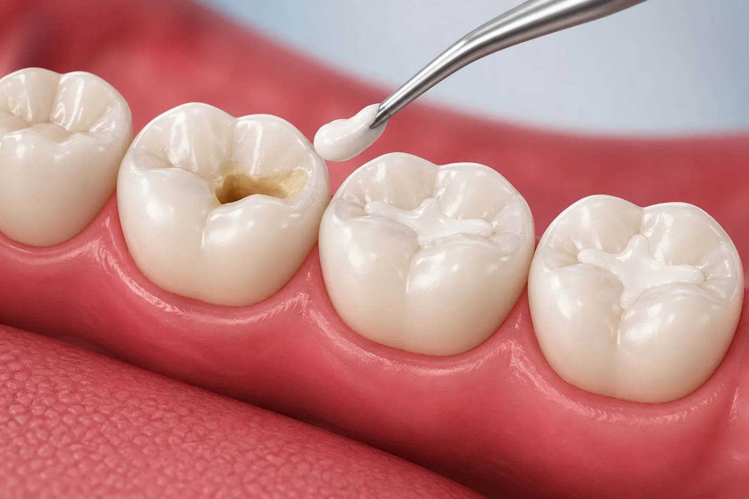 Close-up of a dental veneer held by metal grippers against a gradient gray background.