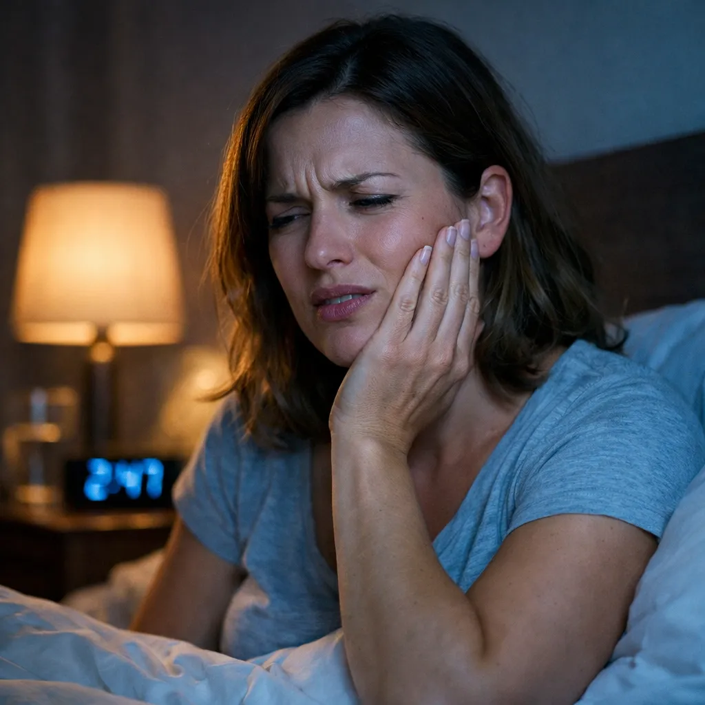 Woman in gray shirt sitting in bed at night with hand on her cheek, showing pain or discomfort, with a lamp and digital clock in the background.