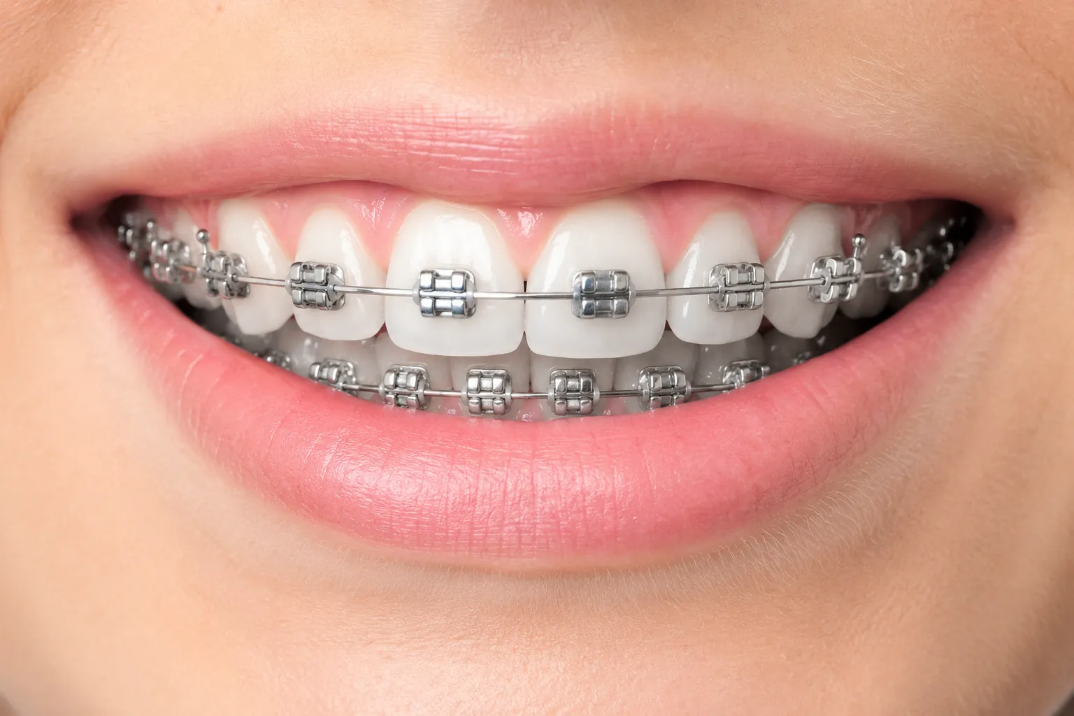 Close-up of a dental veneer held by metal grippers against a gradient gray background.