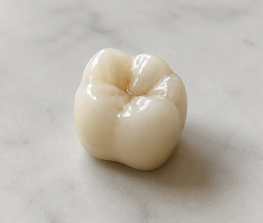 Close-up of a dental veneer held by metal grippers against a gradient gray background.
