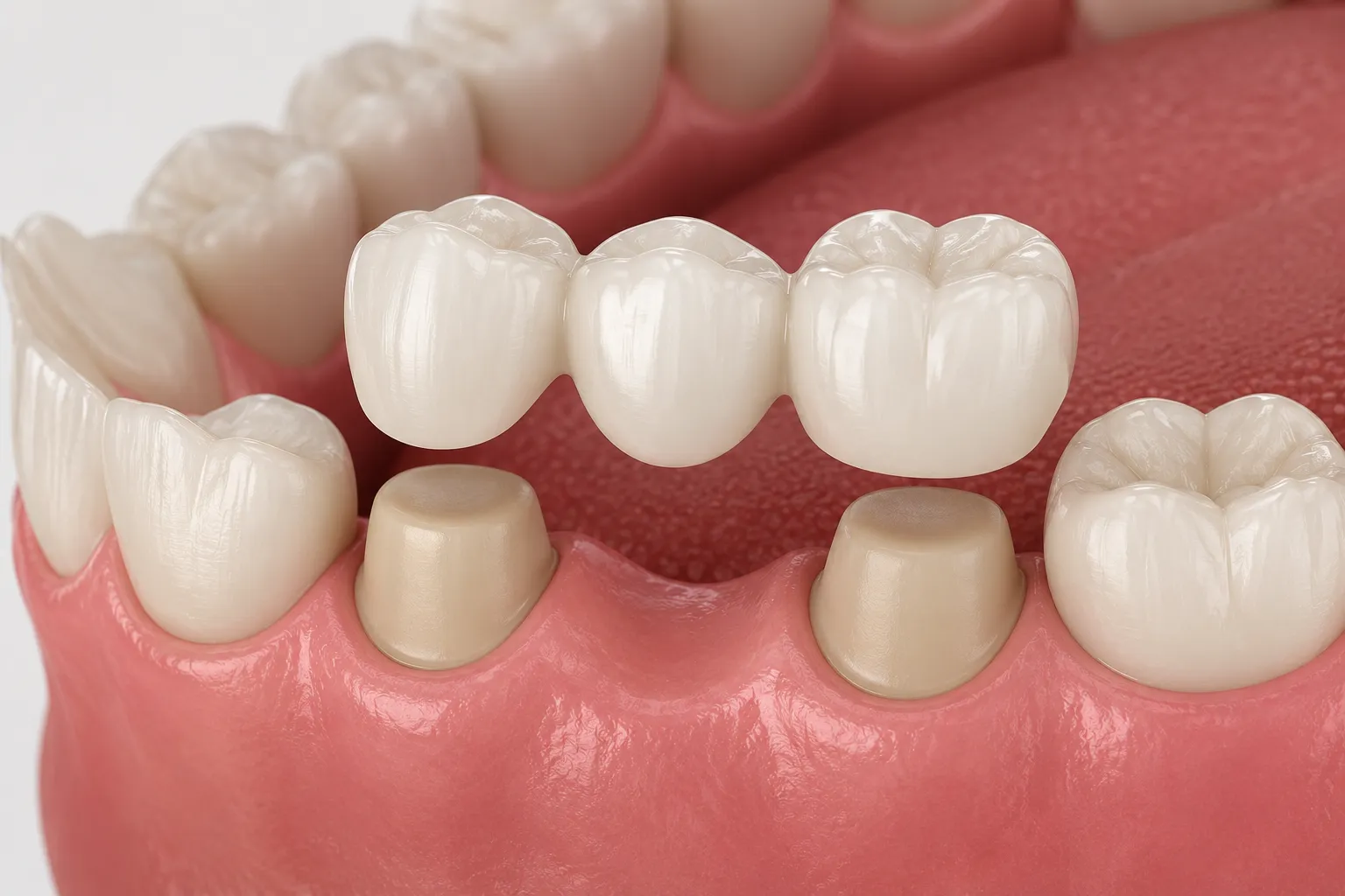 Close-up of a dental veneer held by metal grippers against a gradient gray background.