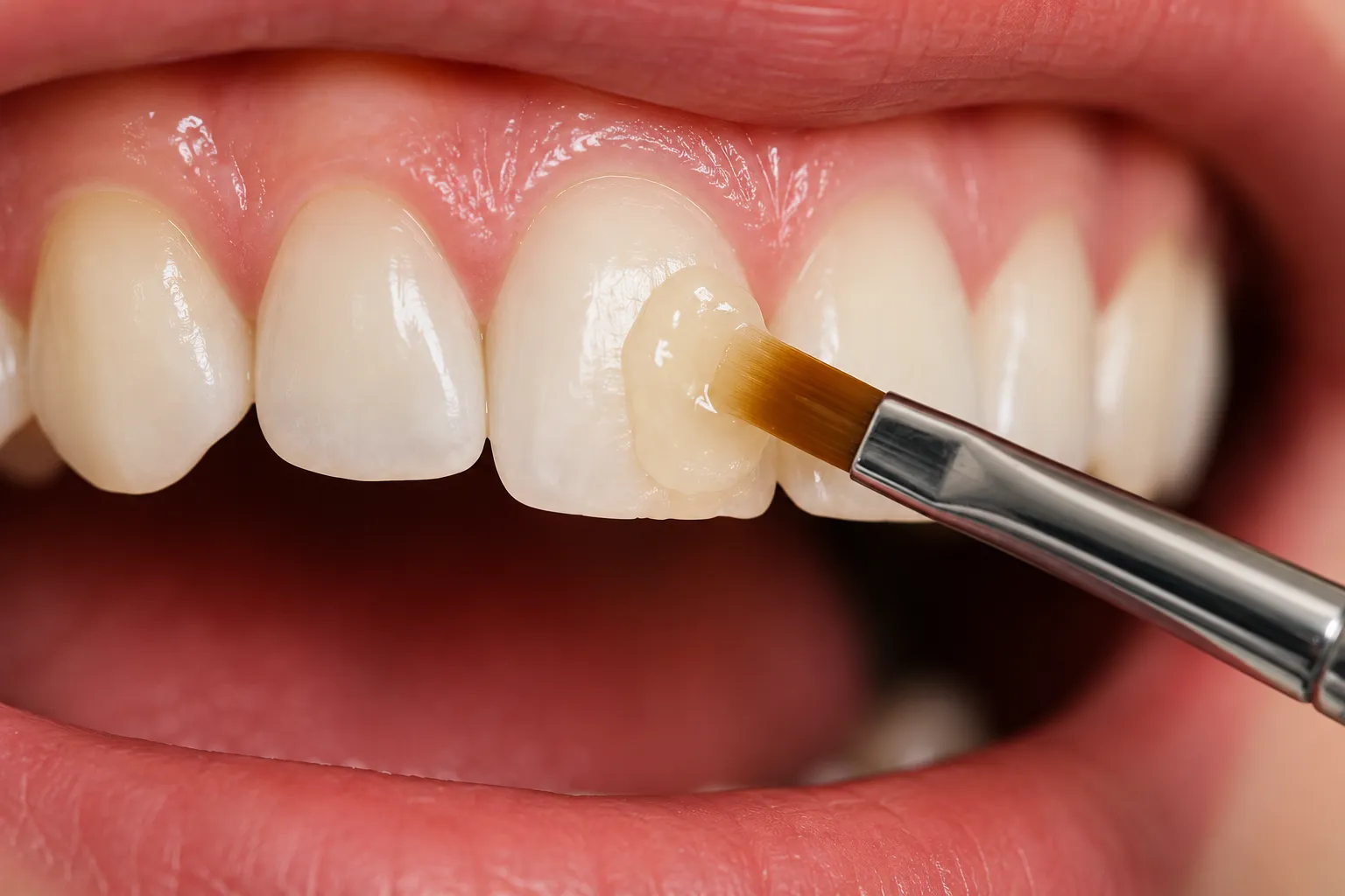Collage showing close-up dental procedure steps: sanding tooth surface, polished teeth, and placing a dental veneer with tweezers.