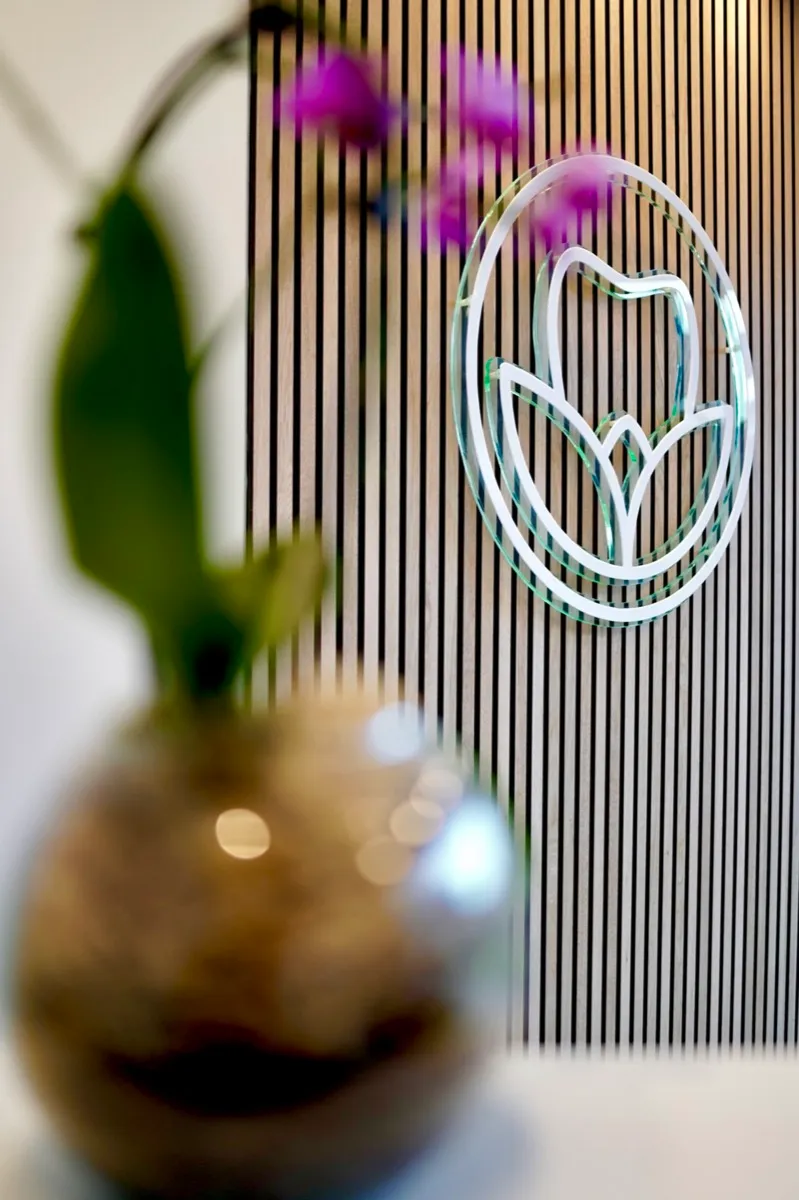 Transparent tooth-shaped logo with leaves inside a circle mounted on a vertical striped wooden wall, with a blurred orchid plant in a round vase in the foreground.