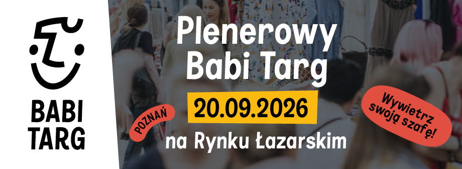 Kolorowa grafika Plenerowego Babiego Targu 20 września 2026 na Rynku Łazarskim w Poznaniu. Hasło: wywietrz swoja szafę
