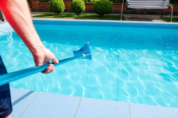Pool Cleaning being done using a pool skimmer in DE.