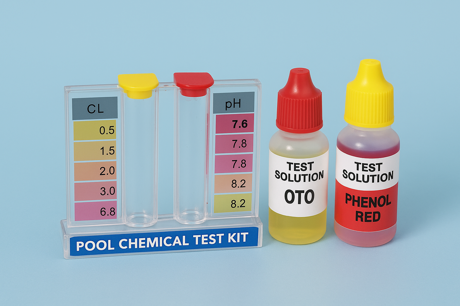 Pool chemical test kit, routinely used in pool maintenance and cleaning.