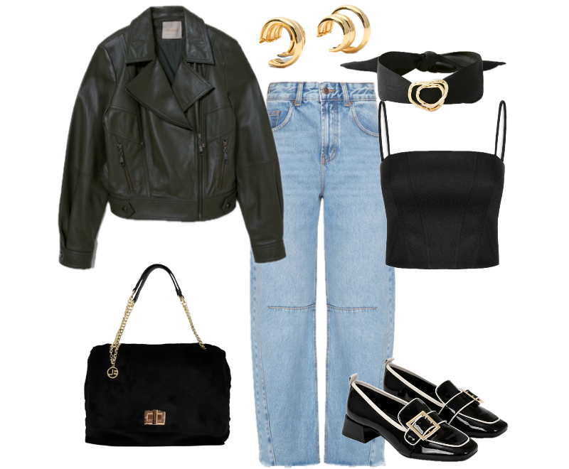 top cropped preto, jaqueta biker de couro preta, jeans de corte reto azul claro, loafers pretos envernizados com detalhe metálico, brincos dourados curvilíneos, cinto preto com fivela dourada em forma de coração, bolsa preta estruturada com alças douradas